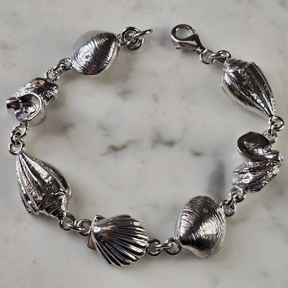 Womens Vintage Estate Sterling Silver Seashell Link Bracelet 25.9g E4576